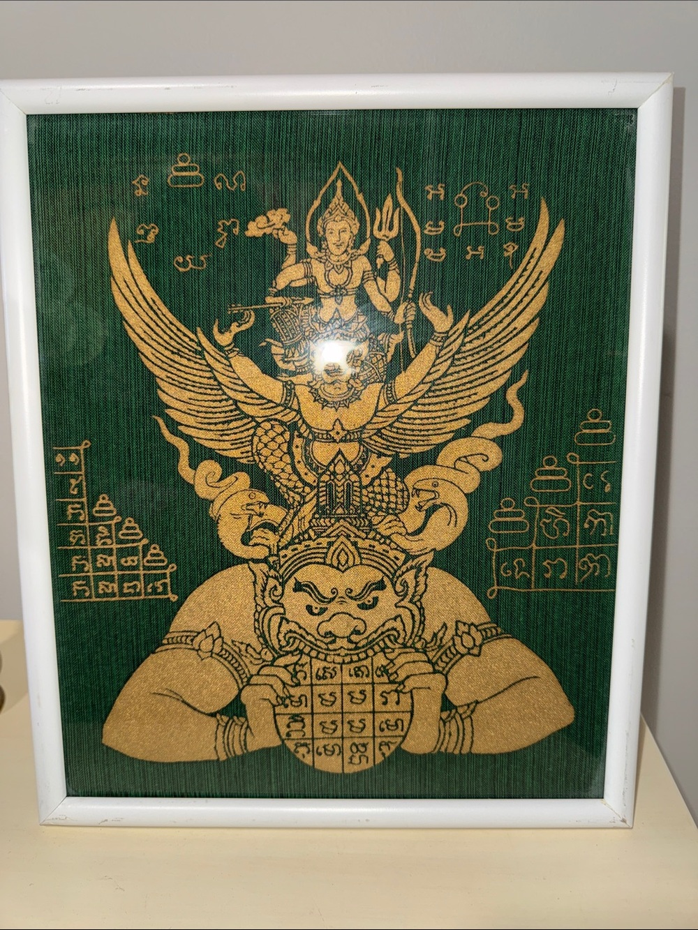 Gold Mythical Garuda Print on Green Background - Framed Art